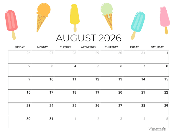 August Calendar 2026 Printable Summer Popsicle Landscape