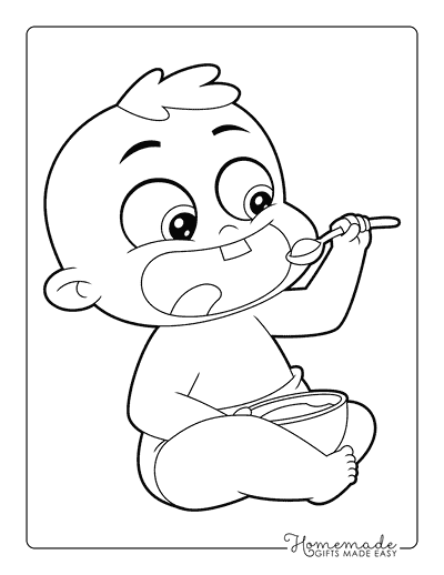 Baby Coloring Pages Cute Happy Baby Eating With Spoon