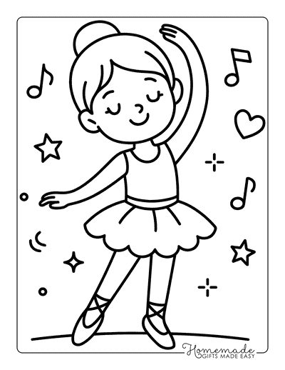 Ballerina Coloring Pages Cute Easy Girl Ballet Dancer Hearts and Music Notes