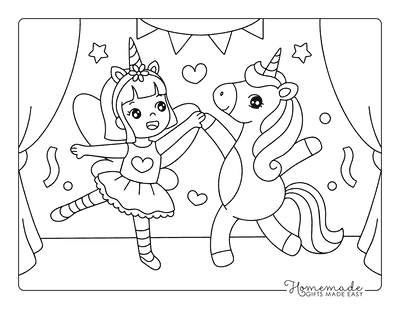 Ballerina Coloring Pages Easy Cute Girl and Unicorn Ballerinas on Stage