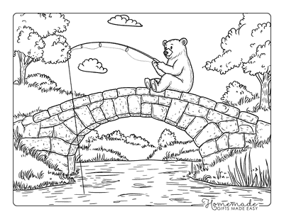 Bear Coloring Pages Cute Bear Fishing From Bridge