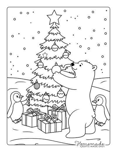 Bear Coloring Pages Cute Polar Bear Decorating Christmas Tree