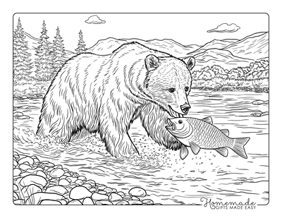 Bear Coloring Pages Realistic Brown Bear Catching Fish