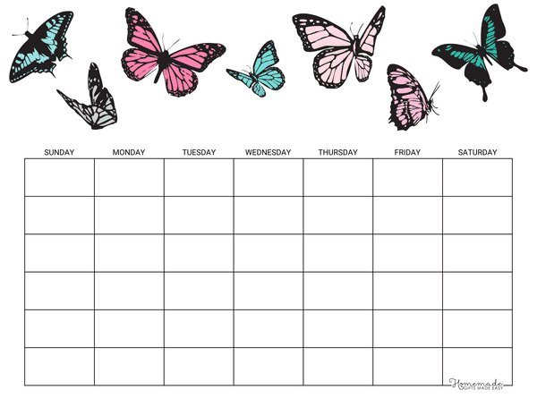 Blank Calendar Butterflies 6 Row