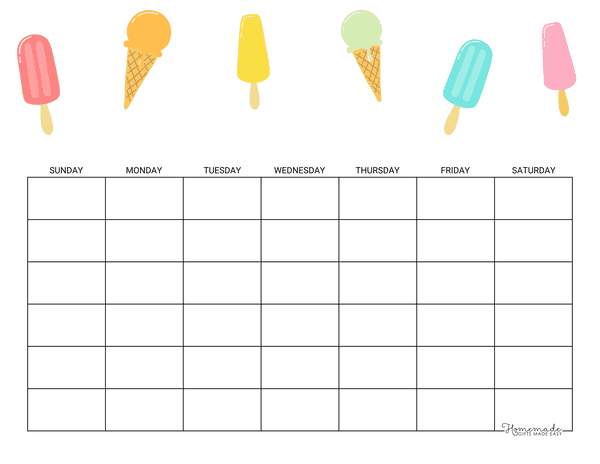 Blank Calendar Summer Popsicles 6 Row