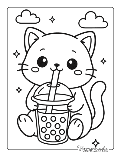 Boba Coloring Pages Kawaii Cat Drinking Boba Tea to Color