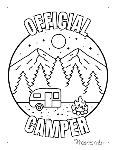 Camping Coloring Pages Easy Camper Campfire Night Scene Badge for Kids