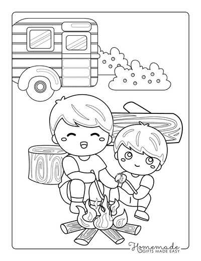 Camping Coloring Pages Easy Campers Roasting Marshmallows Rv for Kids