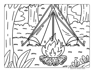 Camping Coloring Pages Tent and Campfire in Dense Forest for Kids