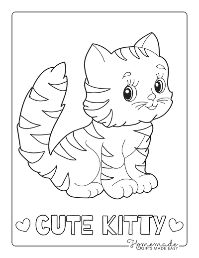 Cat Coloring Pages Cute Striped Kitten Simple