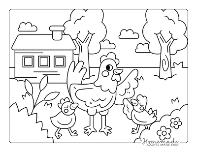 Chicken Coloring Pages Kawaii Chicken With Baby Chicks on a Farm Drawing
