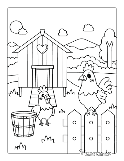 Chicken Coloring Pages Simple Chickens Outline Outside Chicken Coop
