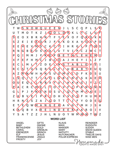 Christmas Word Search Holiday Stories Hard Answers