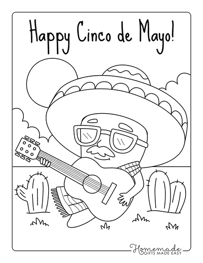 Cinco De Mayo Coloring Pages Easy Cute Jalapeno Playing Guitar