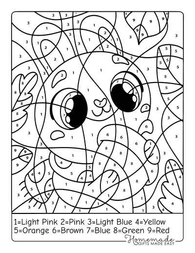 Color by Number Printable Kawaii Fall Bunny With Acorn and Scarf