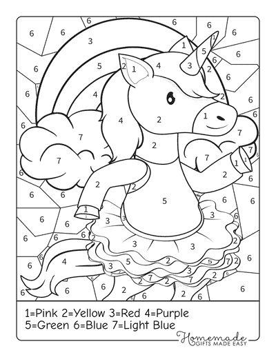 Color by Number Printable Unicorn Ballerina With Rainbow
