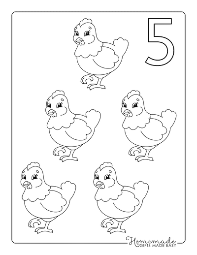 Coloring Sheets for Kindergartners Numbers 5 Chickens