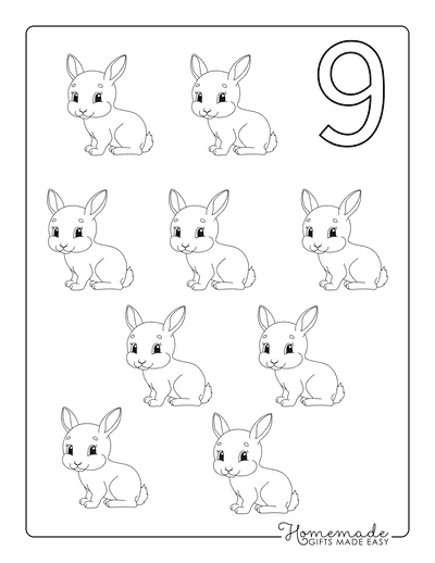 Coloring Sheets for Kindergartners Numbers 9 Rabbits
