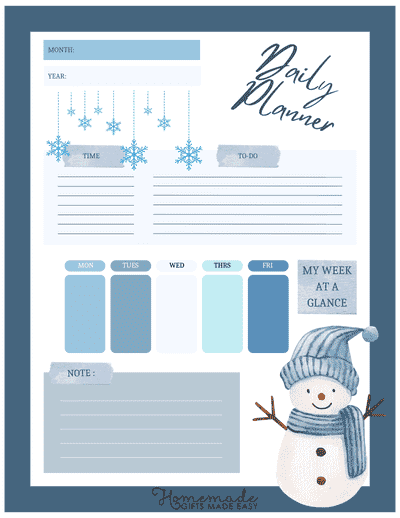 Daily Planner Template Winter Theme Cute Snowman