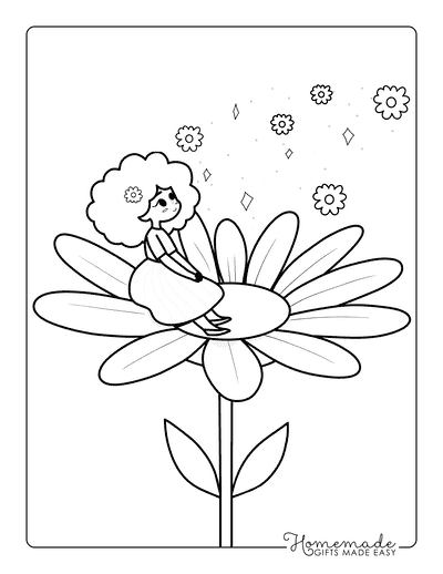 Daisy Coloring Pages Cute Easy Girl Sitting on Daisy Illustration