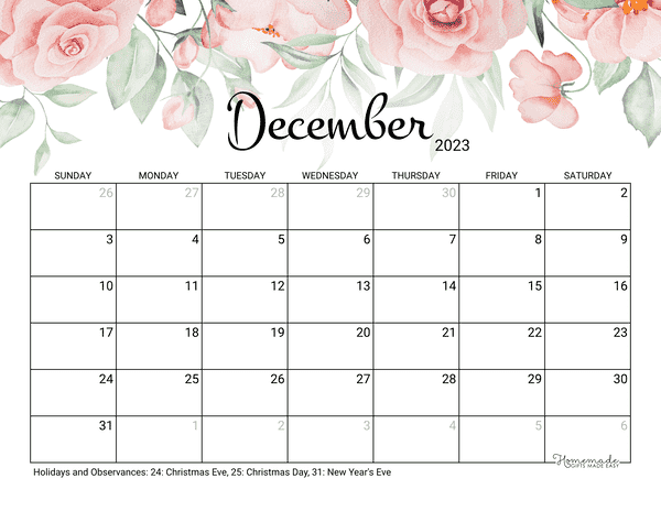 December 2023 Printable Calendar Homemade Gifts Made Easy 2023 