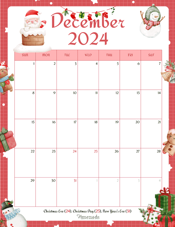 December Calendar 2024 Cute Watercolor Christmas