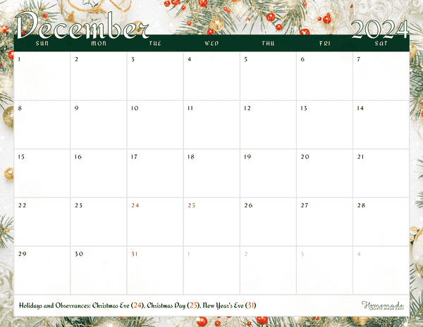 December Calendar 2024 Festive Green