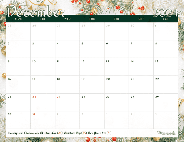 December Calendar 2024 Festive Green Mon Start