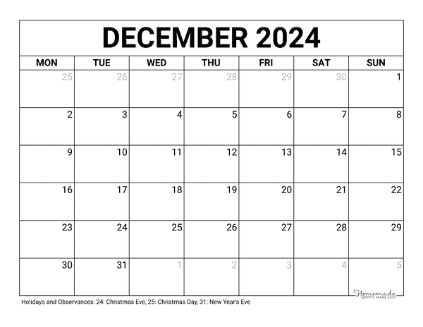 December 2024 Calendar | Free Printable with Holidays