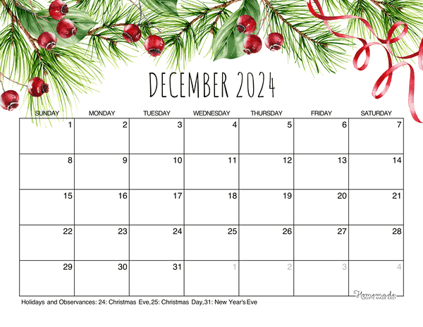 2024 December Calendar With Holidays Printable Template Jewish