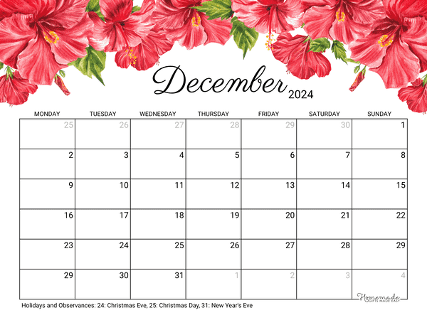 December Calendar 2024 Printable Hibiscus Monday Start