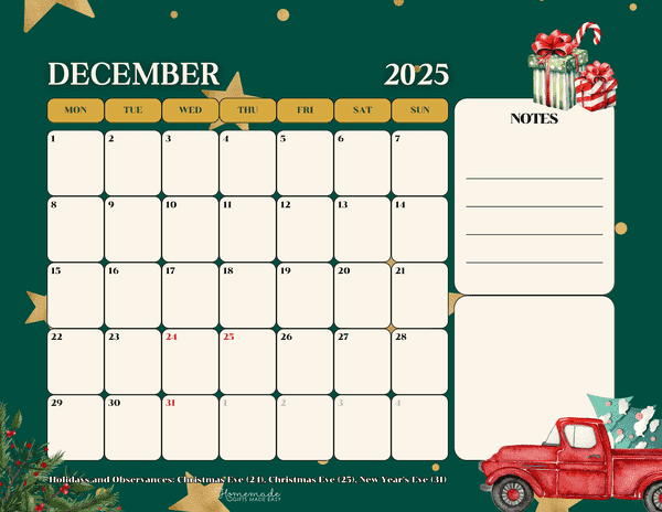 December Calendar 2025 Cute Green Watercolor Winter Monday Start