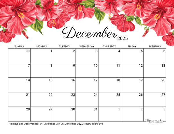 December Calendar 2025 Printable Hibiscus