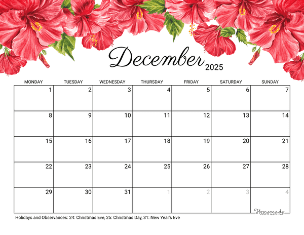 December Calendar 2025 Printable Hibiscus Monday Start
