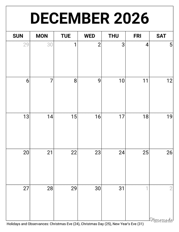 December Calendar 2026 Printable Blank Portrait