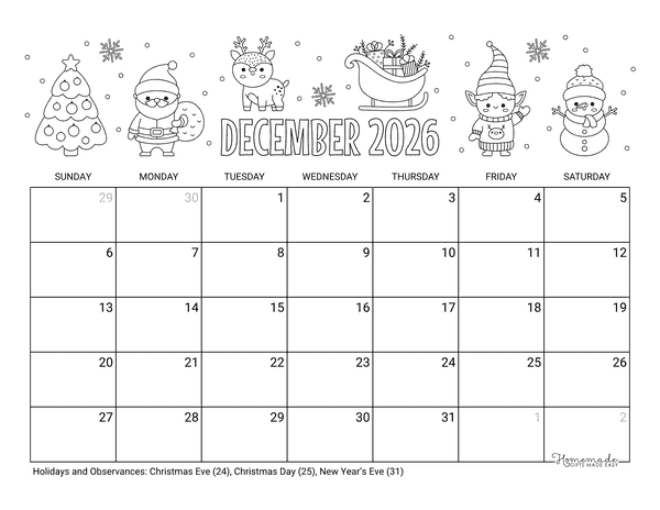 December Calendar 2026 Printable Christmas Holidays Coloring Landscape