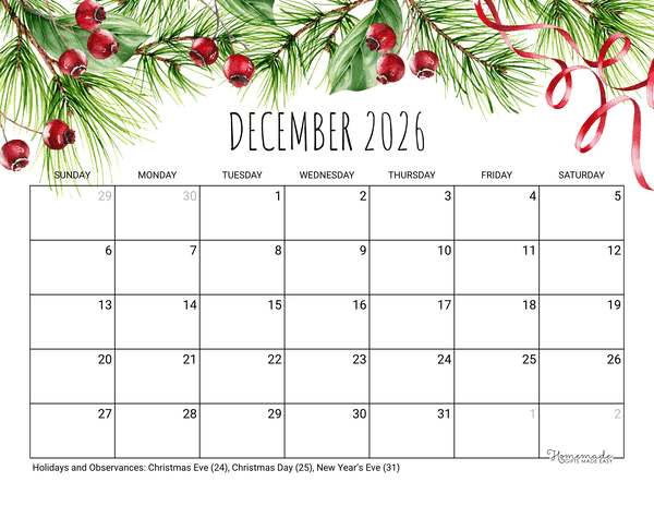 December Calendar 2026 Printable Christmas Landscape