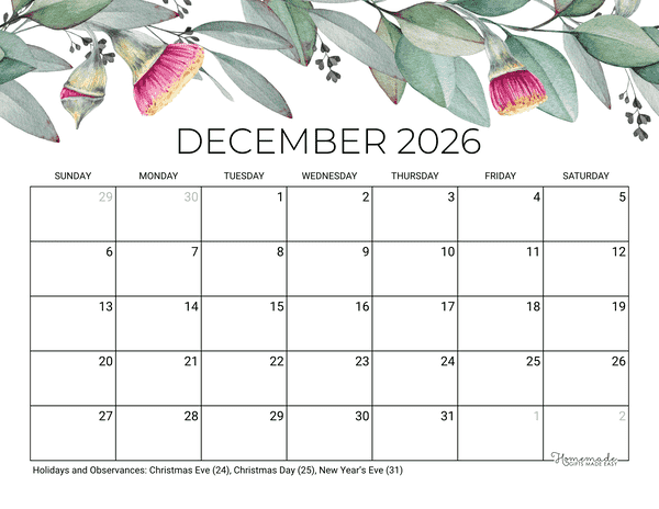 December Calendar 2026 Printable Eucalyptus