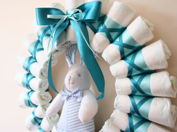 Rolled Diaper Wreath Instructions - Decorated with Bunny