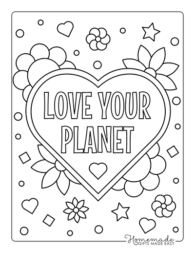 Earth Day Coloring Pages Love Your Planet Heart Sign Flowers Stars