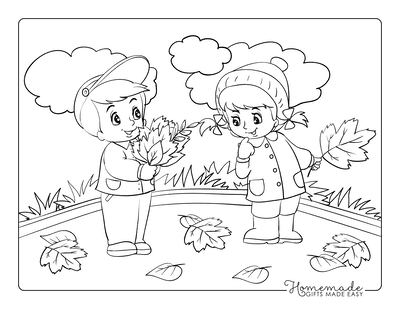 Fall Coloring Pages Boy Girl Collecting Fallen Leaves