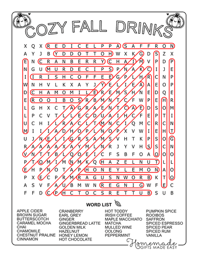 Fall Word Search Drinks Hard Answers