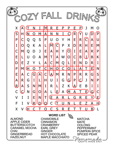 Fall Word Search Drinks Medium Answers