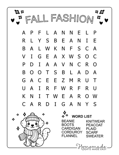 Fall Word Search Fashion Easy