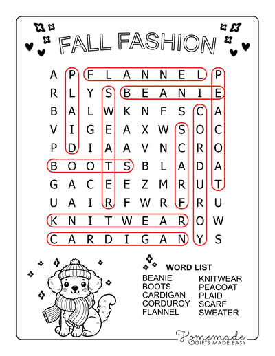 Fall Word Search Fashion Easy Answers