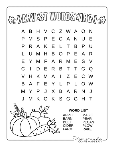 Fall Word Search Harvest Easy