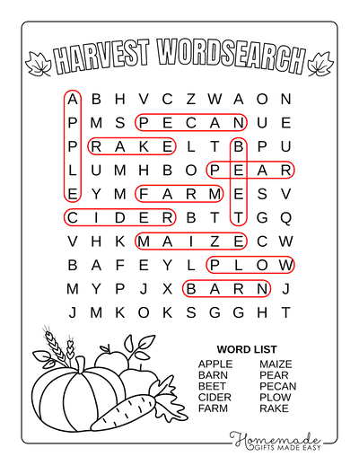 Fall Word Search Harvest Easy Answers
