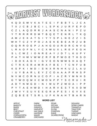 Fall Word Search Harvest Hard