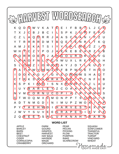 Fall Word Search Harvest Hard Answers