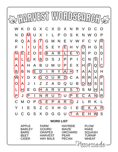 Fall Word Search Harvest Medium Answers